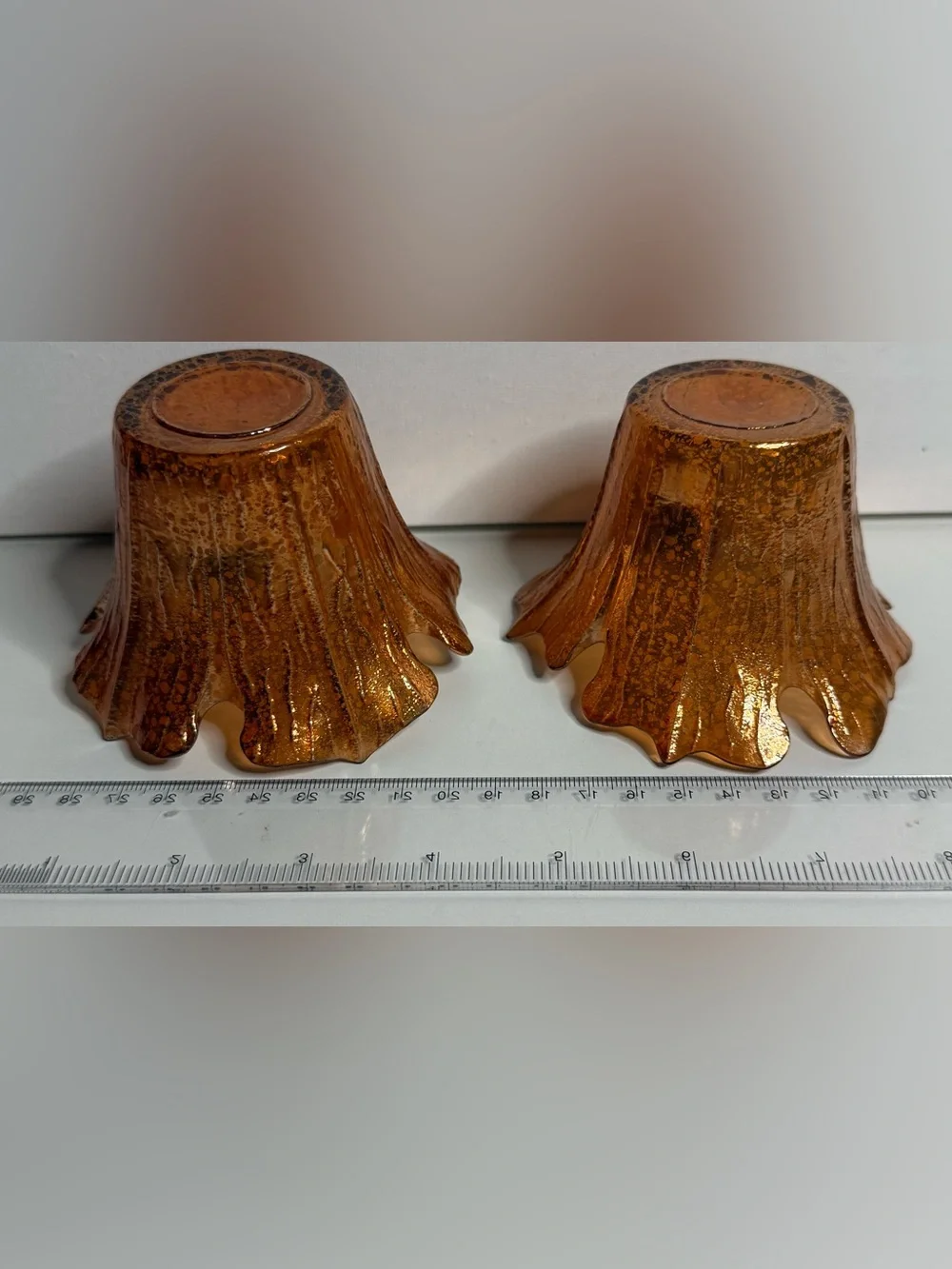 Amber Glass Leaf-Edge Votive Holders – Pair